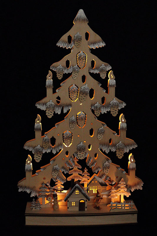 3D candle arch wooden cutout in the shape of a Christmas tree with lights & glitter. Height: 64cm, battery operated with timer function.