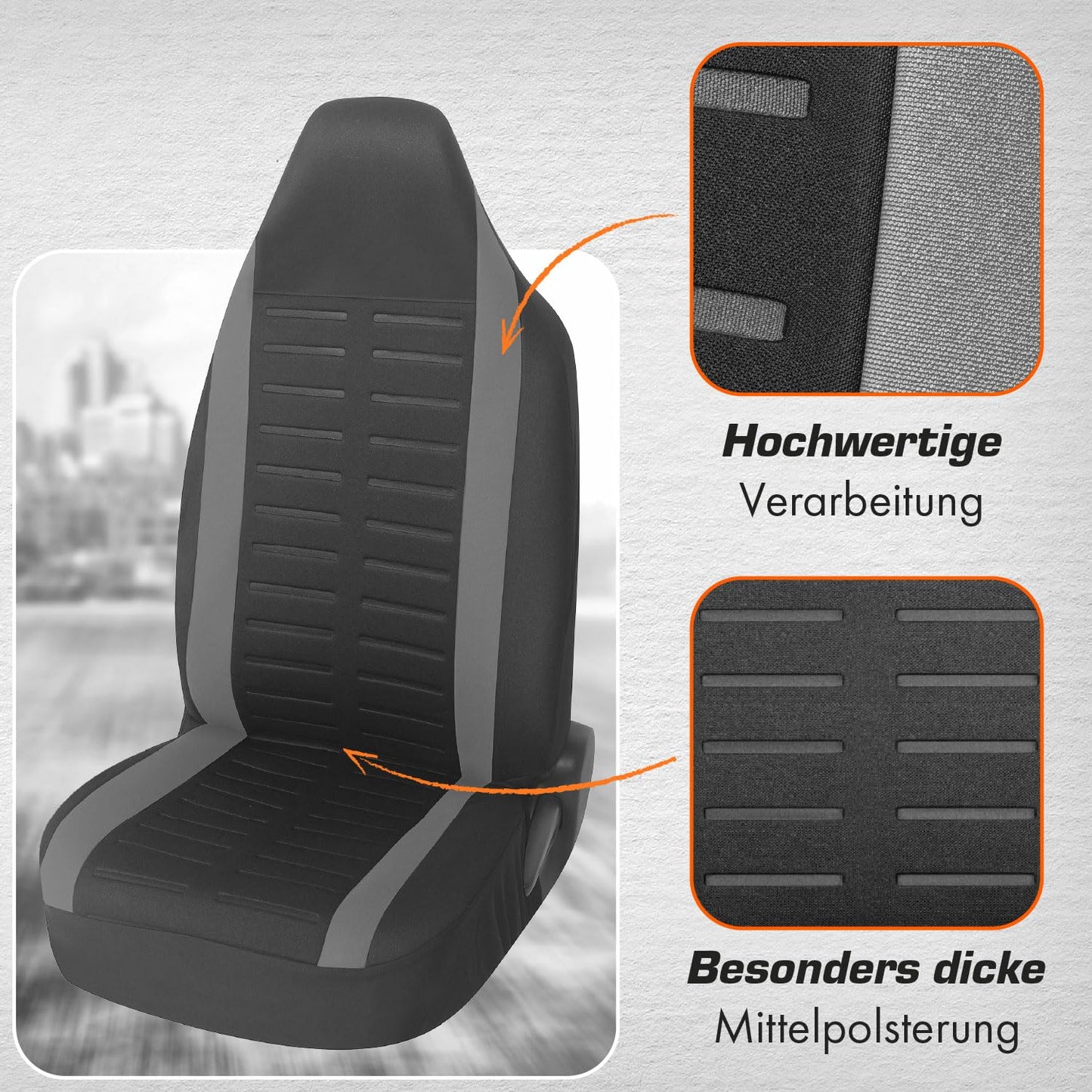 Upgrade4cars car seat covers set for pilot seats | Complete set in grey | Universal car seat covers with integrated headrest | Car interior decoration auto accessories