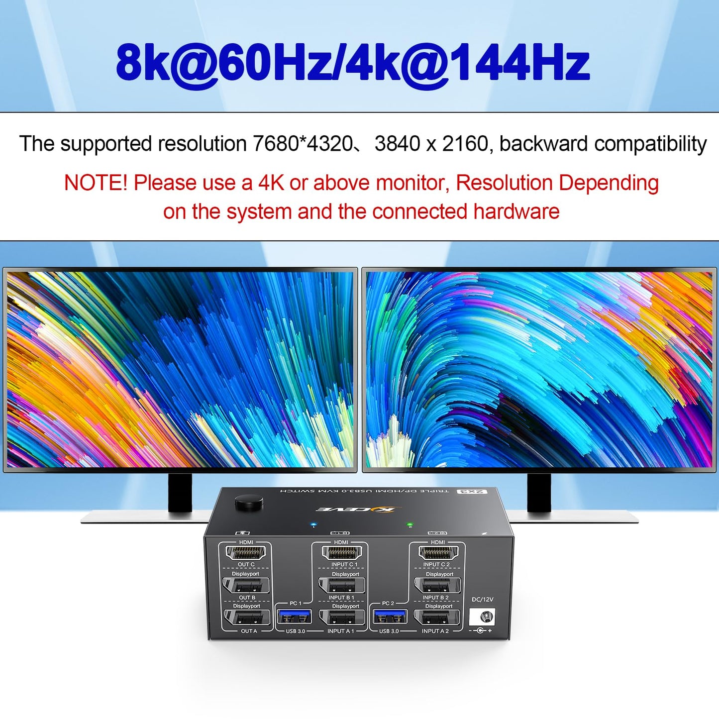 KVM Switch for 2 PCs, 3 monitors at 4K@144Hz and 8K@60Hz. Triple monitor KVM switch with HDMI+2 DisplayPort for sharing 3 monitors and 4 USB 3.0 devices between 2 computers. Includes cable remote and 12V DC power supply.