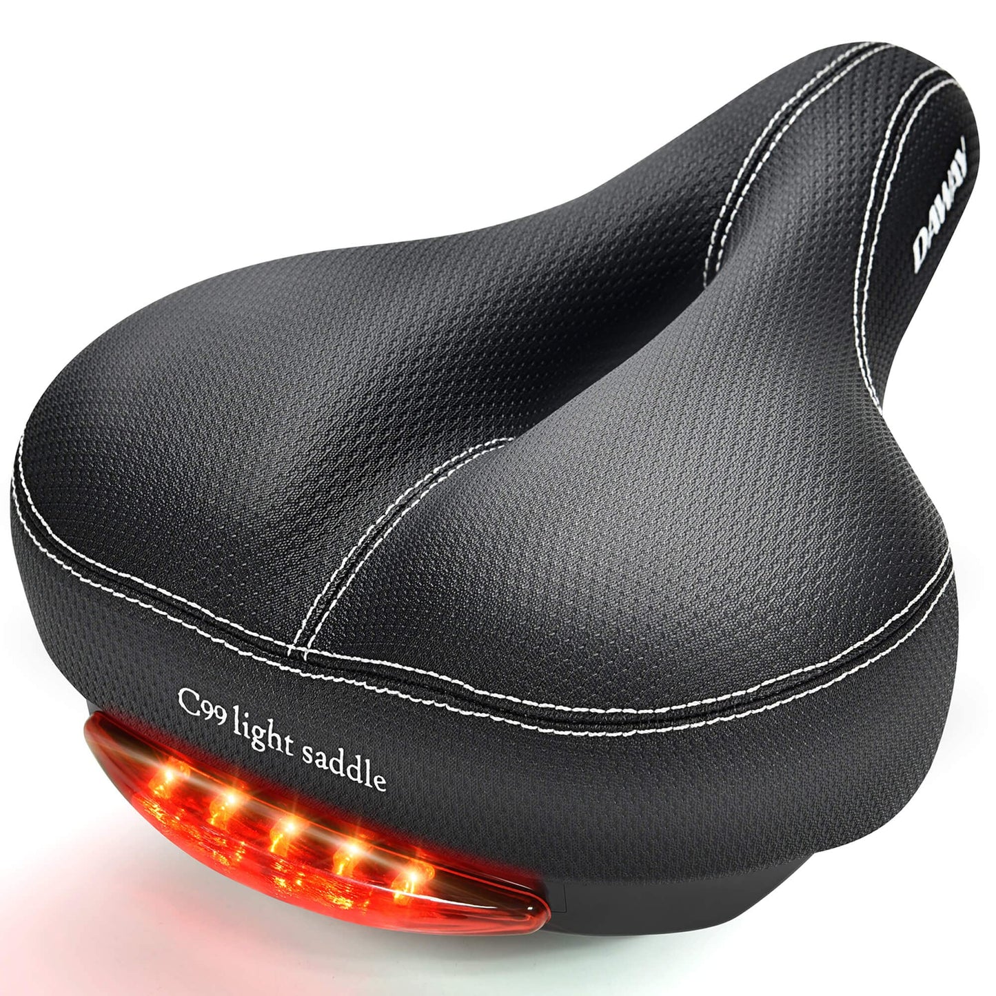 DAWAY C99 Bike Saddle for Women & Men - Comfortable, wide MTB saddle made of high-quality leather with integrated taillight, dual suspension and soft memory foam, compatible with most bikes.