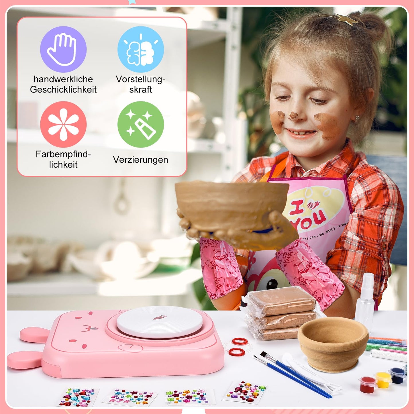 IEEILULU Pottery Set for Kids, Electric Pottery Wheel for Kids, Mini Pottery Wheel with Clay, Colors, Diamond Stickers, Pottery Set DIY Pottery Craft Kit Gifts Girls (Cats)