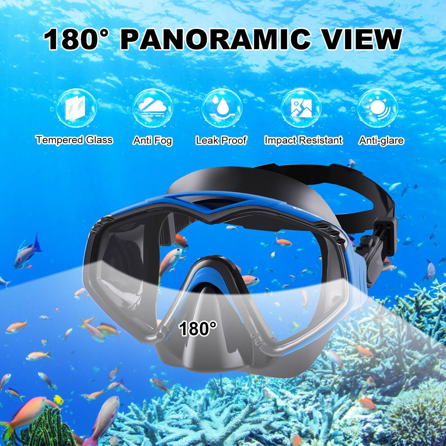 Adult Dorlle snorkel set includes premium dry snorkel and tempered glass diving mask, 180° panoramic view, anti-fog, anti-leak features for snorkeling and swimming. Comes with a carrying bag.