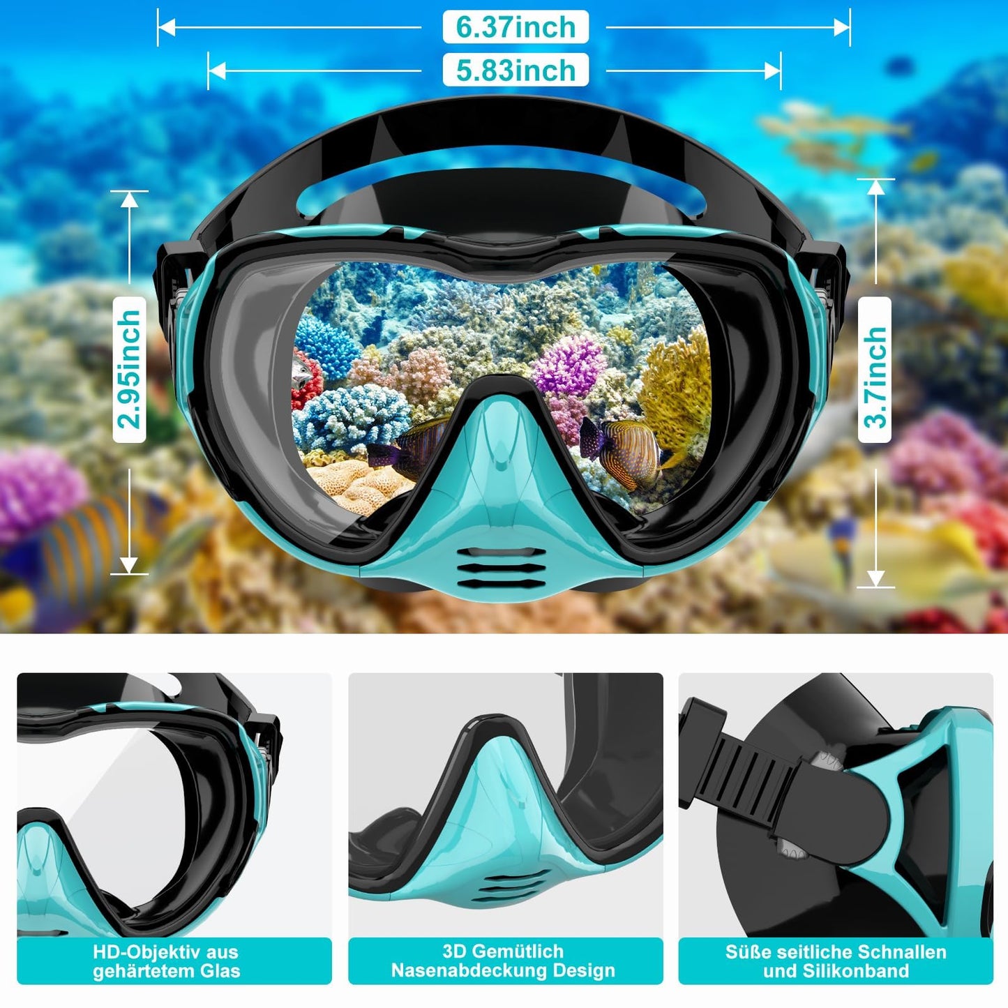Adult diving mask snorkel mask 180° panoramic view diving mask leak-proof anti-leak swimming goggles for diving (water green-with snorkel)