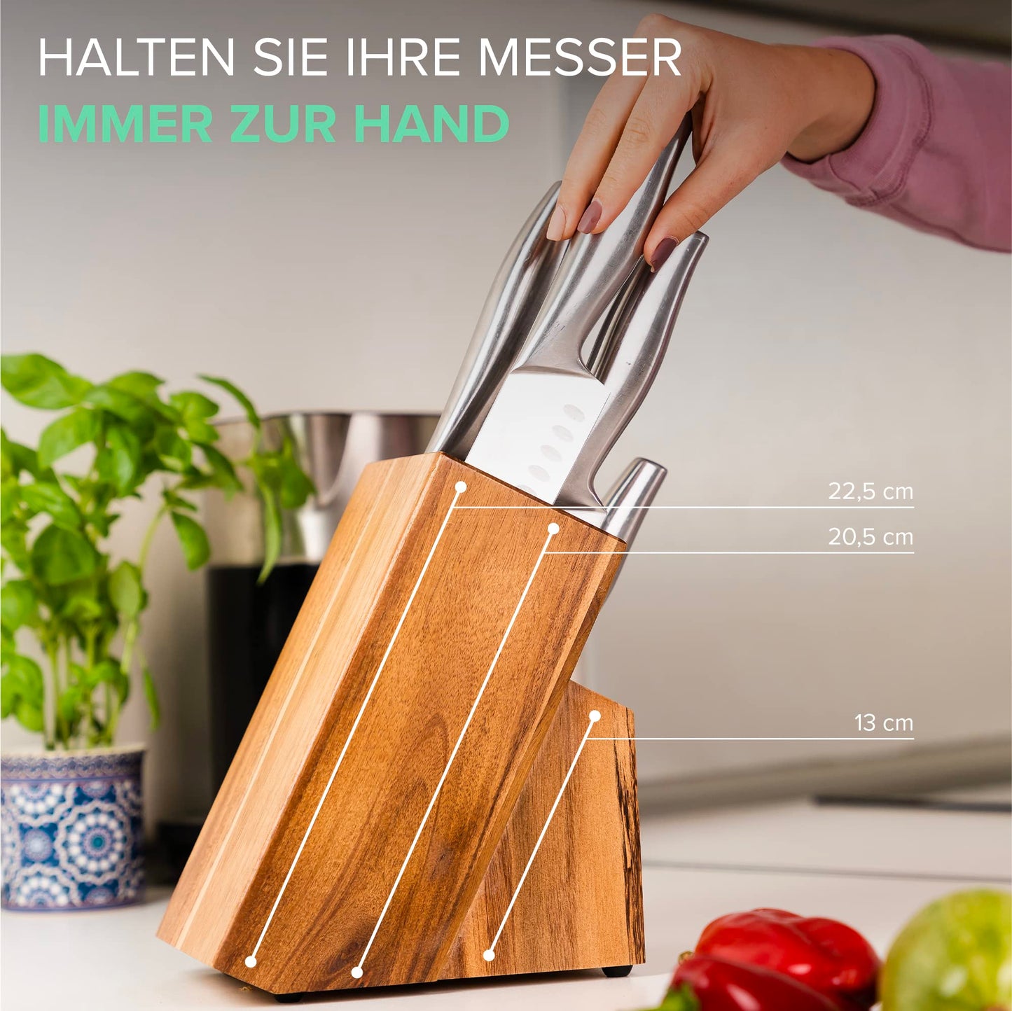 Coninx knife block made of acacia wood | Knife holder with 15 slots for chef knives | Wood knife block without knives | Fits 15 knives, sharpening steel | Knife holder for kitchen knives | 13 x 19 x 22 cm