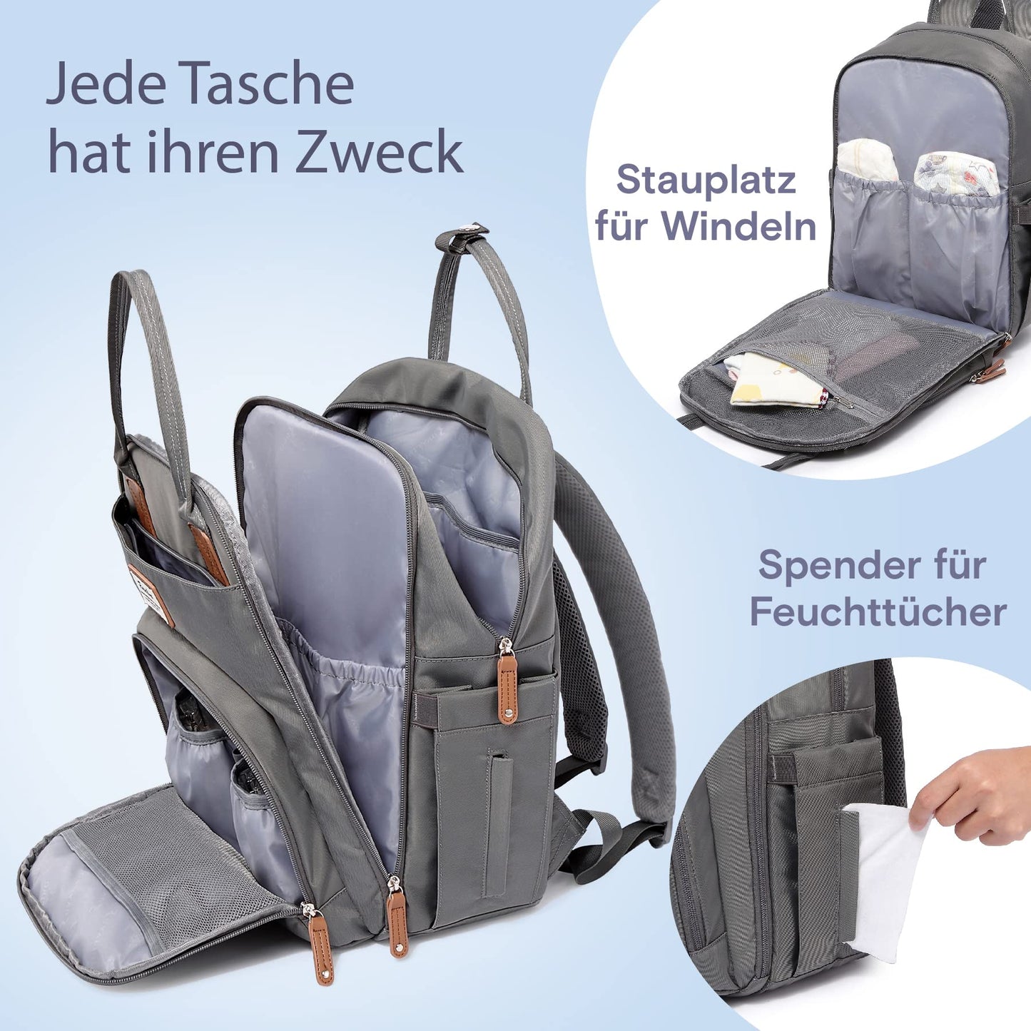 RUVALINO Baby Diaper Backpack, Multifunctional Diaper Bag Travel Backpack Large Capacity Baby Bag with Changing Pad, Waterproof Fabrics, Fits for Stroller (Dark Gray)