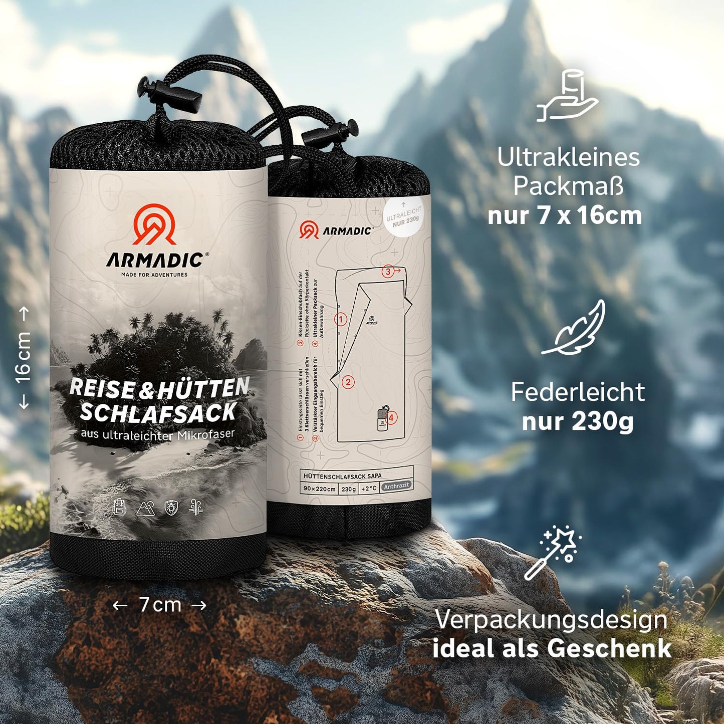 Armadic Microfiber Sleeping Bag (only 230g) - Ultra-lightweight, compact and thin. Travel sleeping bag, sleeping bag liner, inlay I Ideal for backpacking, hostels and mountain huts (Olive Green)