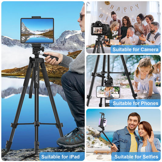 Cellphone tripod, Upgrade 165cm / 65" Camera Tripod for Smartphone iPad, 360° Rotation Portable Tripod with Remote Shutter Compatible for Tablet, All Phones, iPhone, Samsung, Camera, Gopro