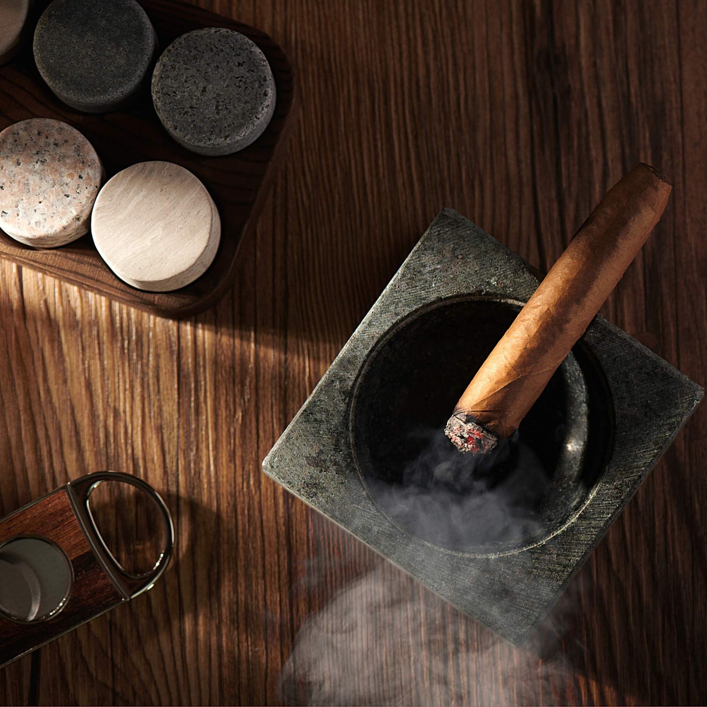 Whiskey Stones Gift Set with Cigar Cutter & Cigar Ashtray - 6 Handcrafted Premium Granite Stones - Luxurious Whiskey & Cigar Accessories Gold Foil Gift Box