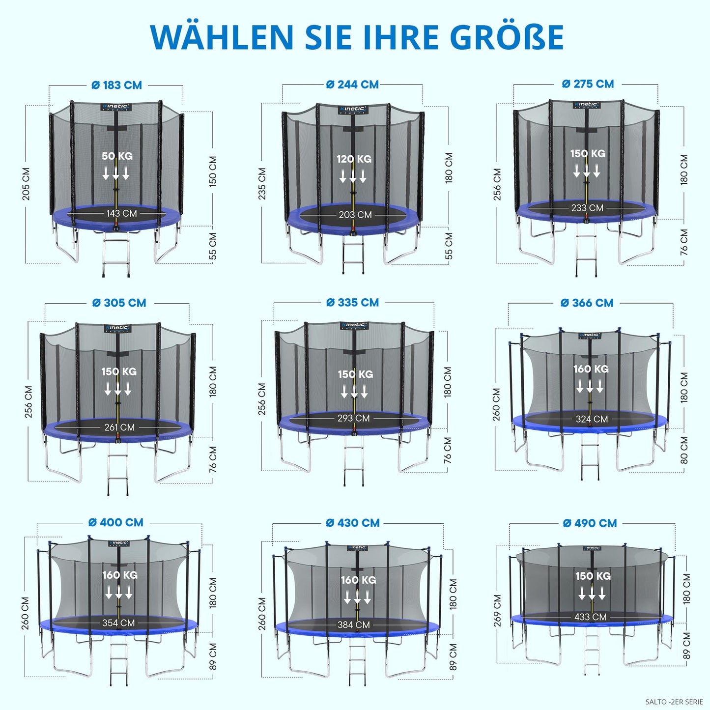 KINETIC SPORTS Trampoline Outdoor 'Salto Plus' Ø 183/244/305/366/400/430/490 cm - Complete Set for Kids, USA Jumping Mat, Net, Padding, Ladder - up to 160kg.