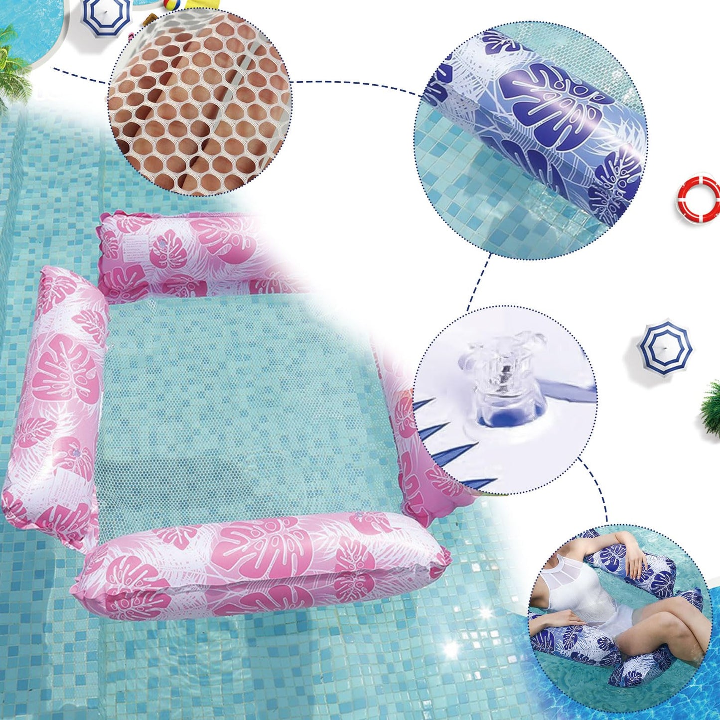 Funnity 2-piece pool inflatable with mesh (122x122 cm), water inflatable with pattern, water hammock for adults and kids, swim float for pool party summer water fun.