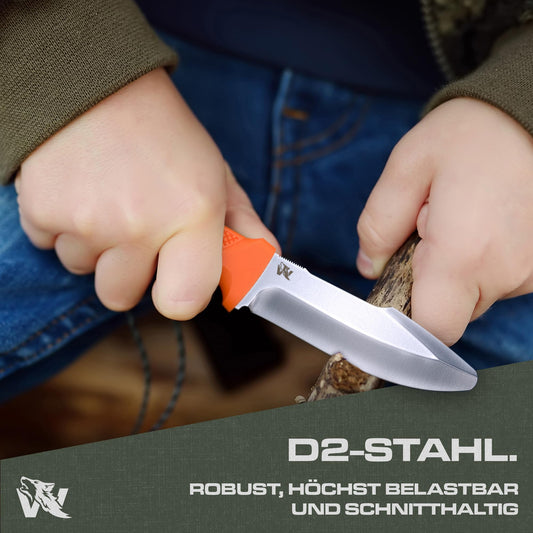 Wolfgang's W-KIDS - Carving knife for children with sweet children's knife license - Outdoor children's knife set with sheath and fire steel - THE children's carving knife for their first big adventure