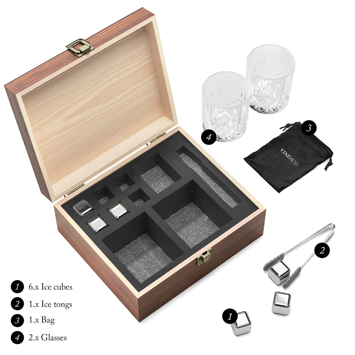 Whiskey Stones Set - 6 reusable stainless steel ice cubes + 2 glasses, tongs | Whiskey Ice Cubes Metal chilling stones bar accessories cocktail rocks gin stones decorative accessories gift whiskey stones.