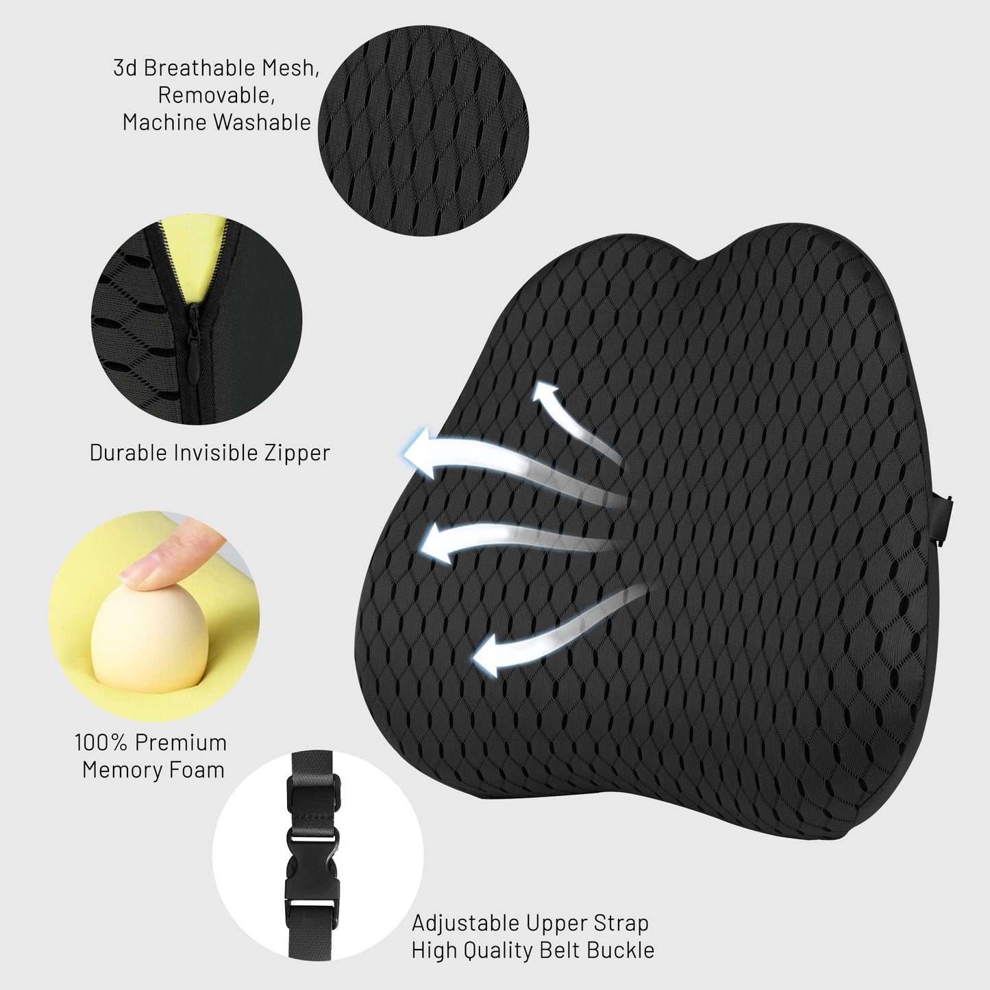 Livtribe lumbar cushion, memory foam back pillow for car, ergonomic lumbar support pillow for office chair, car seat, wheelchair (black)