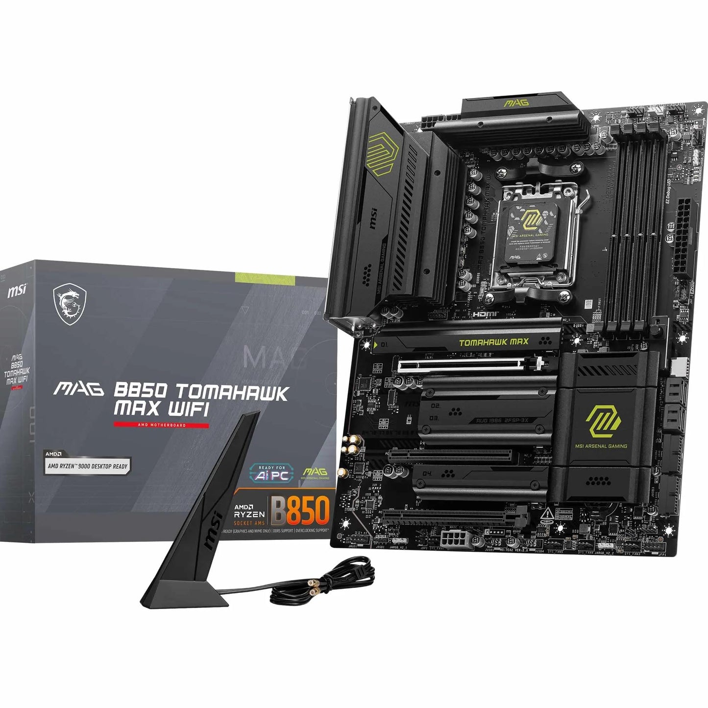 MSI MAG B850 Tomahawk MAX WiFi Motherboard, ATX - Supports AMD Ryzen 9000/8000/7000 processors, AM5-80A SPS VRM, DDR5 Memory Boost 8400+ MT/s (OC), PCIe 5.0 x16, M.2 Gen5, Wi-Fi 7, 5G LAN.