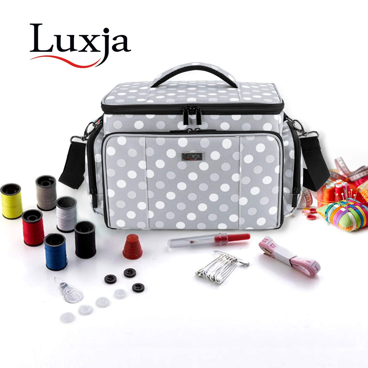 Luxja Sewing Kit Storage, Sewing Accessories Bag Organizer for Beginners, Travelers, Carrying case for sewing machine accessories and sewing tools, Gray Dot