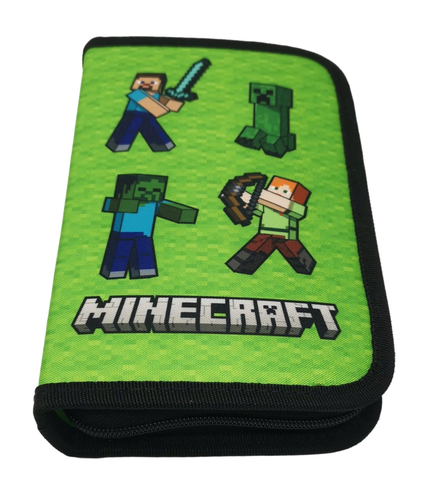 Minecraft pencil case for kids filled with stationery items. Great for school and organization. Available in Steve and Alex designs.