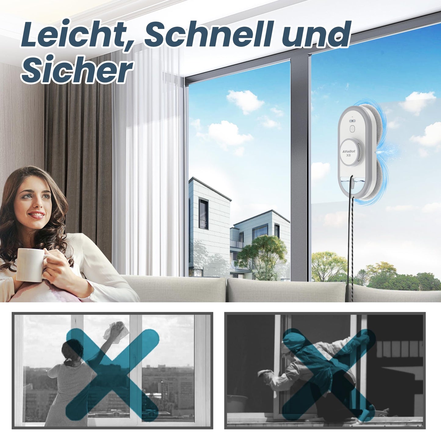 AlfaBot X8 window cleaning robot, electric window cleaner robot, glass cleaning robot with water spraying function in two directions, remote control, voice support in English, auto sprayer.
