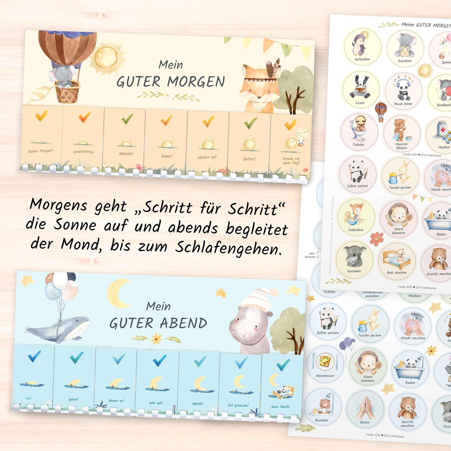 Morning and evening routines for kids - Routine planner for morning and evening: Animals (DIN A4 daily plan with flaps, Handmade in Germany) Checklist with Velcro dots to flip.