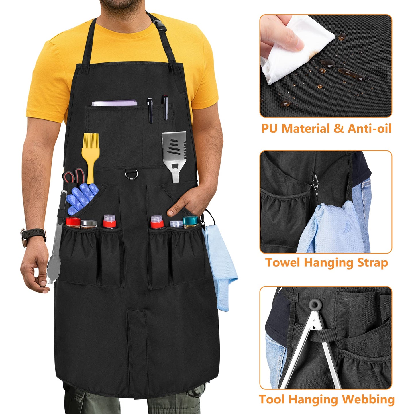 HODRANT BBQ grill apron, cooking apron for men with pockets and slit hem, kitchen apron with adjustable neck and waist straps, aprons for cook, painter, carpenter. Apron only.