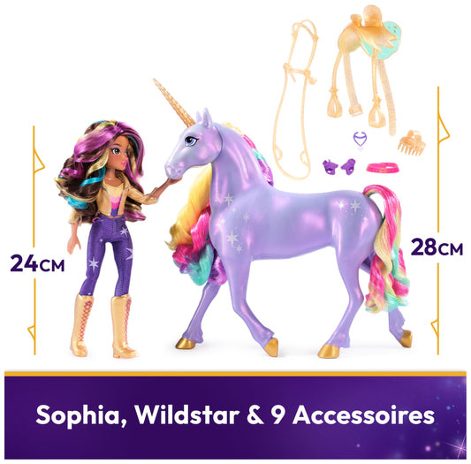Unicorn Academy Set - Sophia and Light-Magic Wildstar, approx. 28 cm tall unicorn with light effects and music, plus 24 cm tall dress-up doll from the popular Netflix series, for kids ages 4 and up.