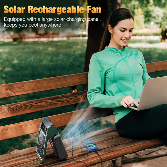 lynker Portable Camping Fan, solar powered fan, 12800mAh battery operated fan with LED lantern, 4 speeds & 3 timers, outdoor tent fan for camping (green)