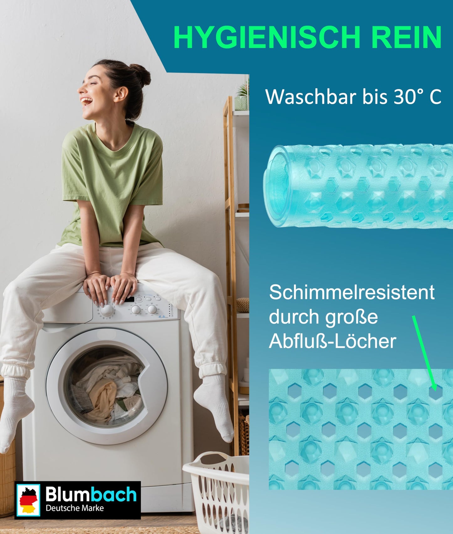 Blumbach® Non-Slip Shower Mat 53x53cm - 100% BPA-free - Includes 2 hooks for hanging - non-slip grip shower & bathtub mat, shower insert, mold-resistant & machine washable.