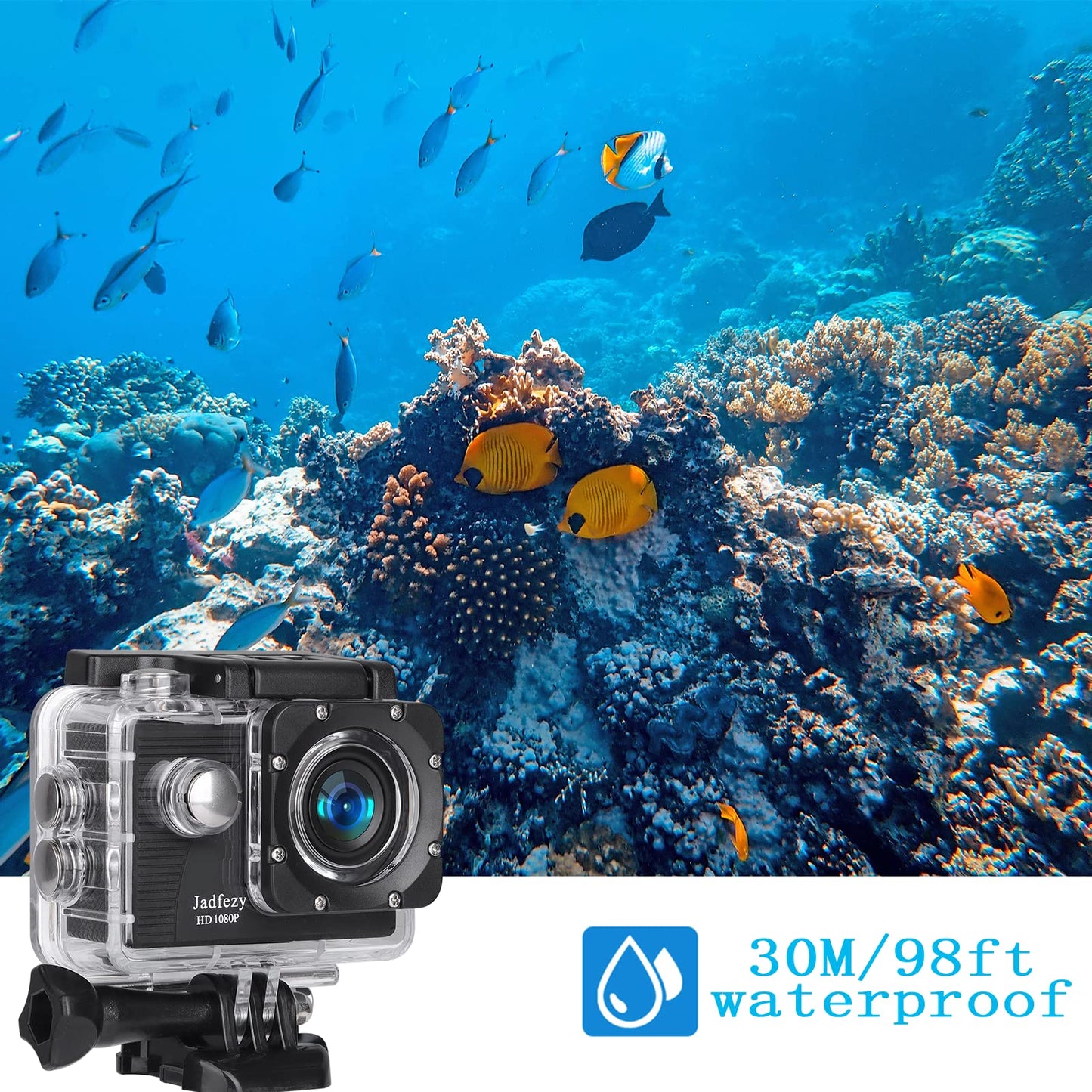 Jadfezy Action Cam FHD 1080P/12MP, underwater camera waterproof up to 30M, 140 degree wide angle action camera with two 900 mAh rechargeable batteries and accessory set.