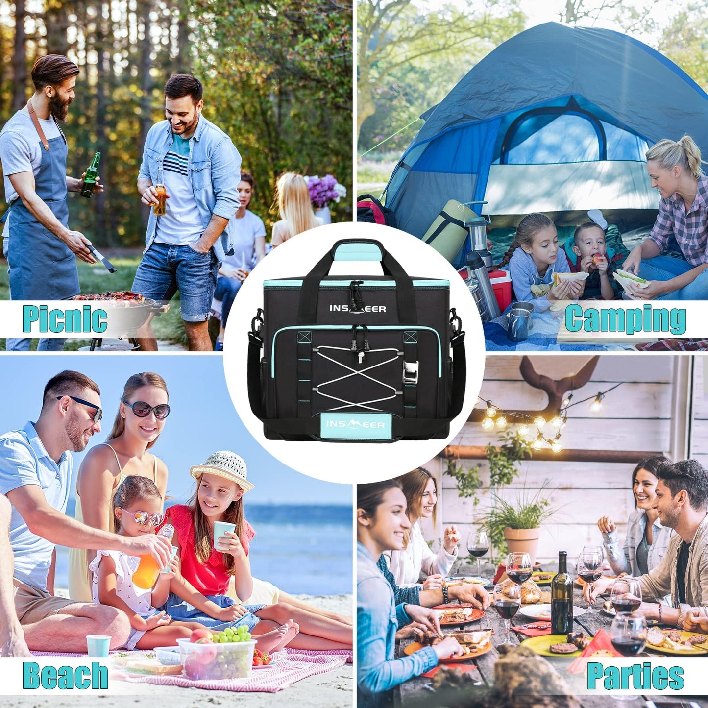 INSMEER Large 55L Cooler Bag, 90 Cans Foldable Cooler Bag, Leakproof & Waterproof Insulated Bag with Bottle Opener XXL Picnic Bag/Shopping Bag for Trip, Camping, Beach