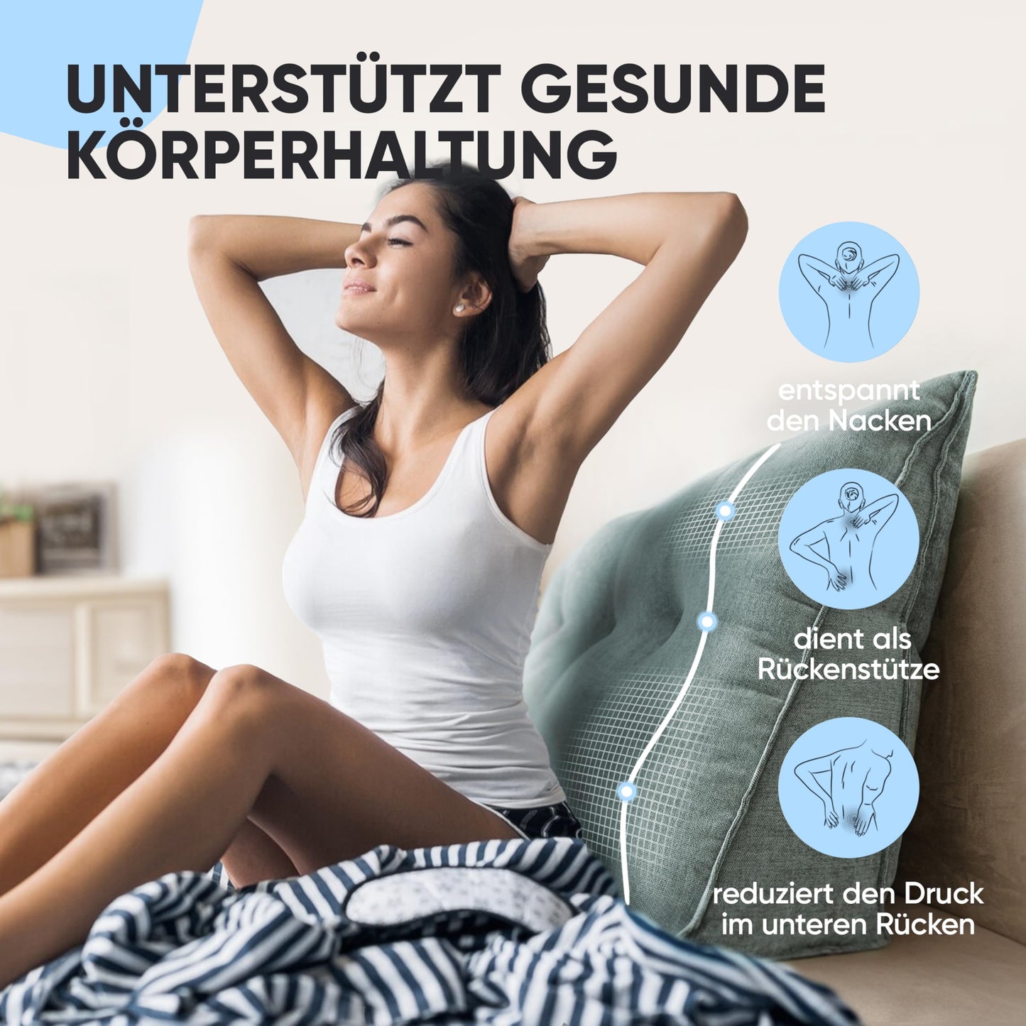 Bjorn & Schiller backrest cushion - reading pillow for bed and sofa, wedge cushion, backrest for the wall, seat cushion, wall cushion, large with washable cover (turquoise-gray, 70 cm)
