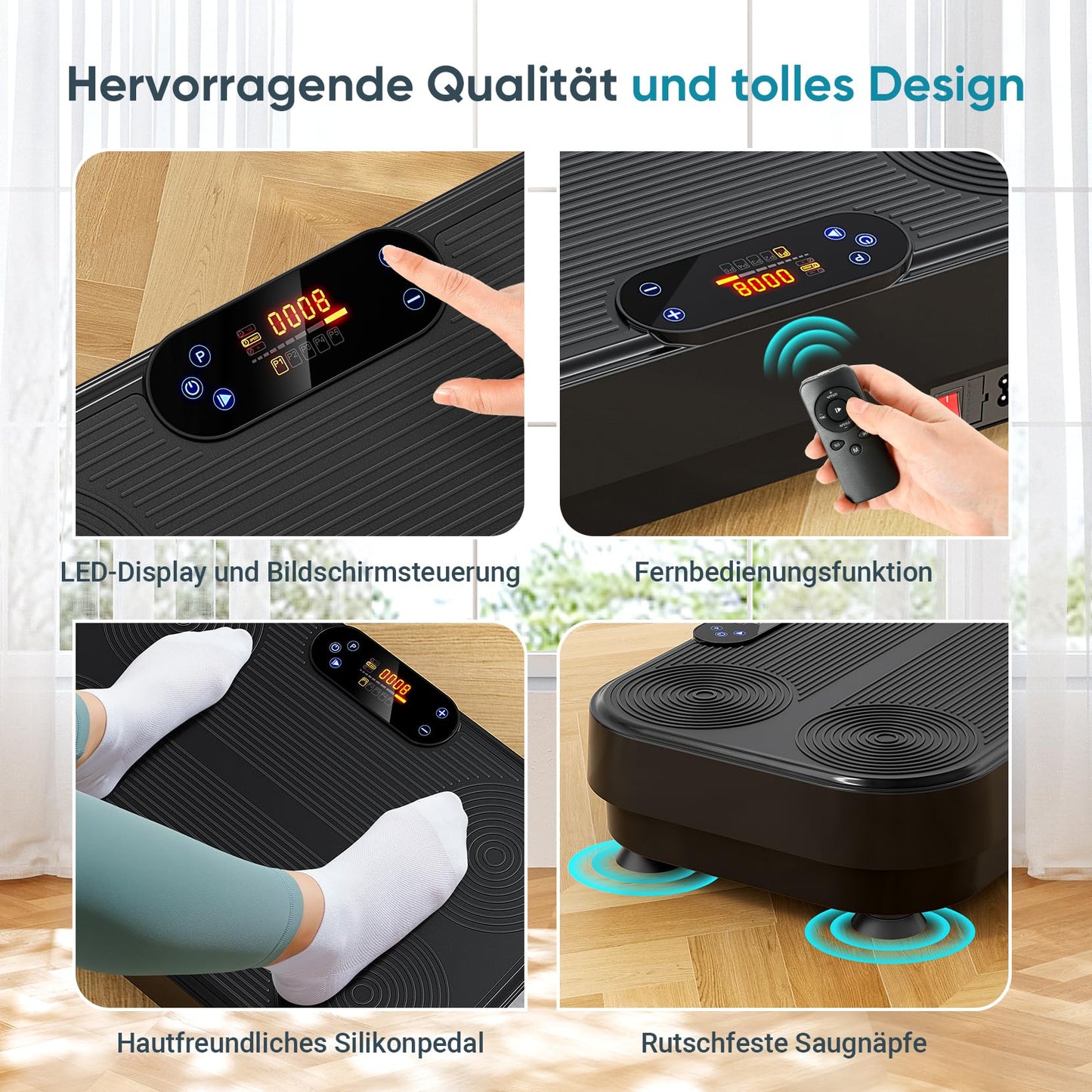 The THERUN vibration plate is a home sports vibrating plate with 1-99 different vibration intensities. It is perfect for muscle building, fat loss, and full body training. Comes with 4 fitness bands in black.