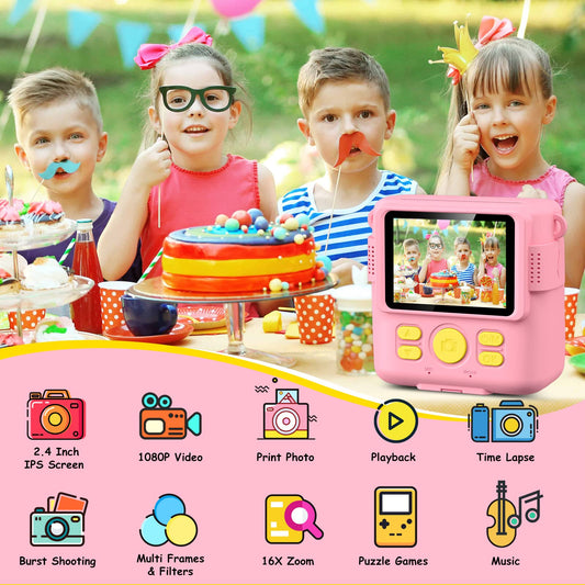GREENKINDER Kids Camera Instant Camera, 1080P 2.4 Inch Screen Instant Camera for Kids with Printing Paper & 32GB Card, Digital Camera for Kids with Colored Pens Gift for Girls 3-12 Years