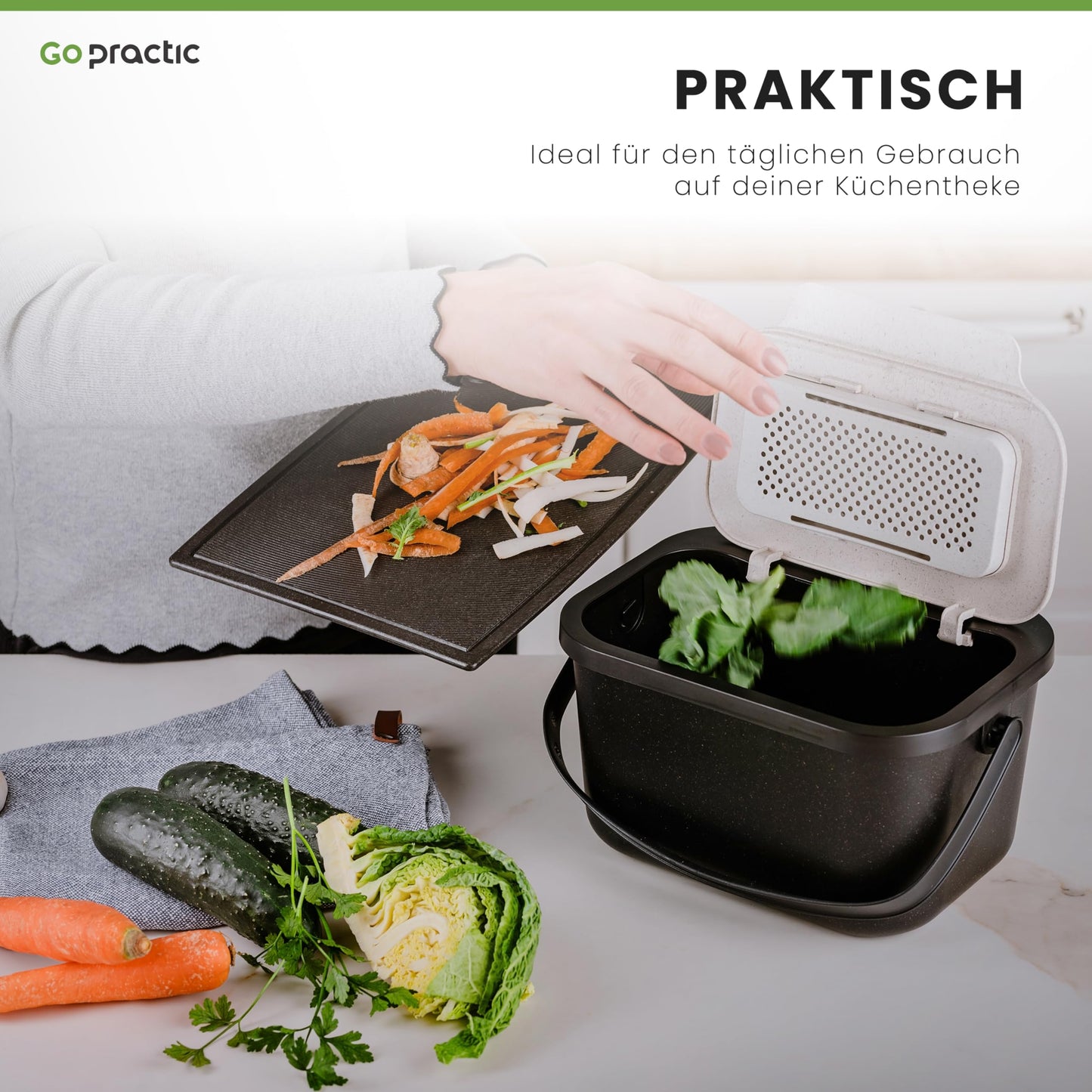 Practice with Go Green 4.5L Kitchen Compost Bin, with lid, ideal for separating organic waste like fruits and vegetables, with click function for easy use in waste separation.
