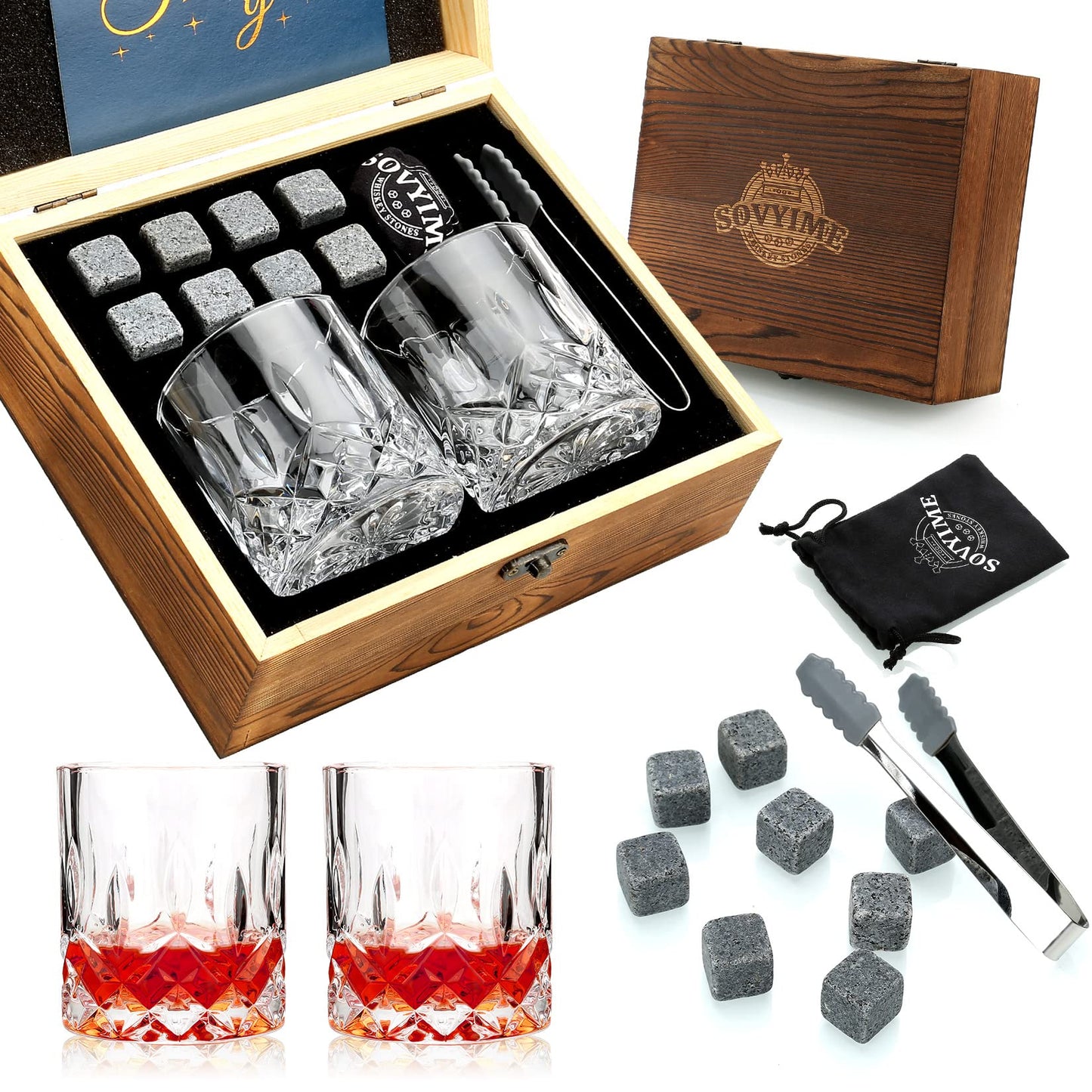 Whiskey Glass Gift Set, Whiskey Stones, Whiskey Gift Sets for Men, 8 Whiskey Stones 2 Crystal Whiskey Glasses Wooden Box Gift, Birthday Gifts for Men, Dad, Husband Valentine's Day (Round)