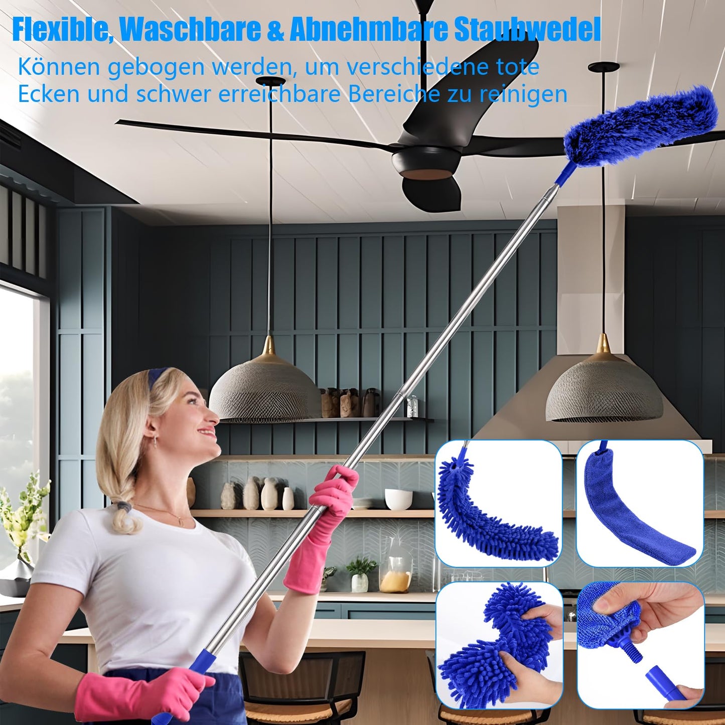 7-piece duster telescopic washable, duster long extendable up to 213cm, cobweb remover with hook microfiber dust mop for high ceilings cobwebs