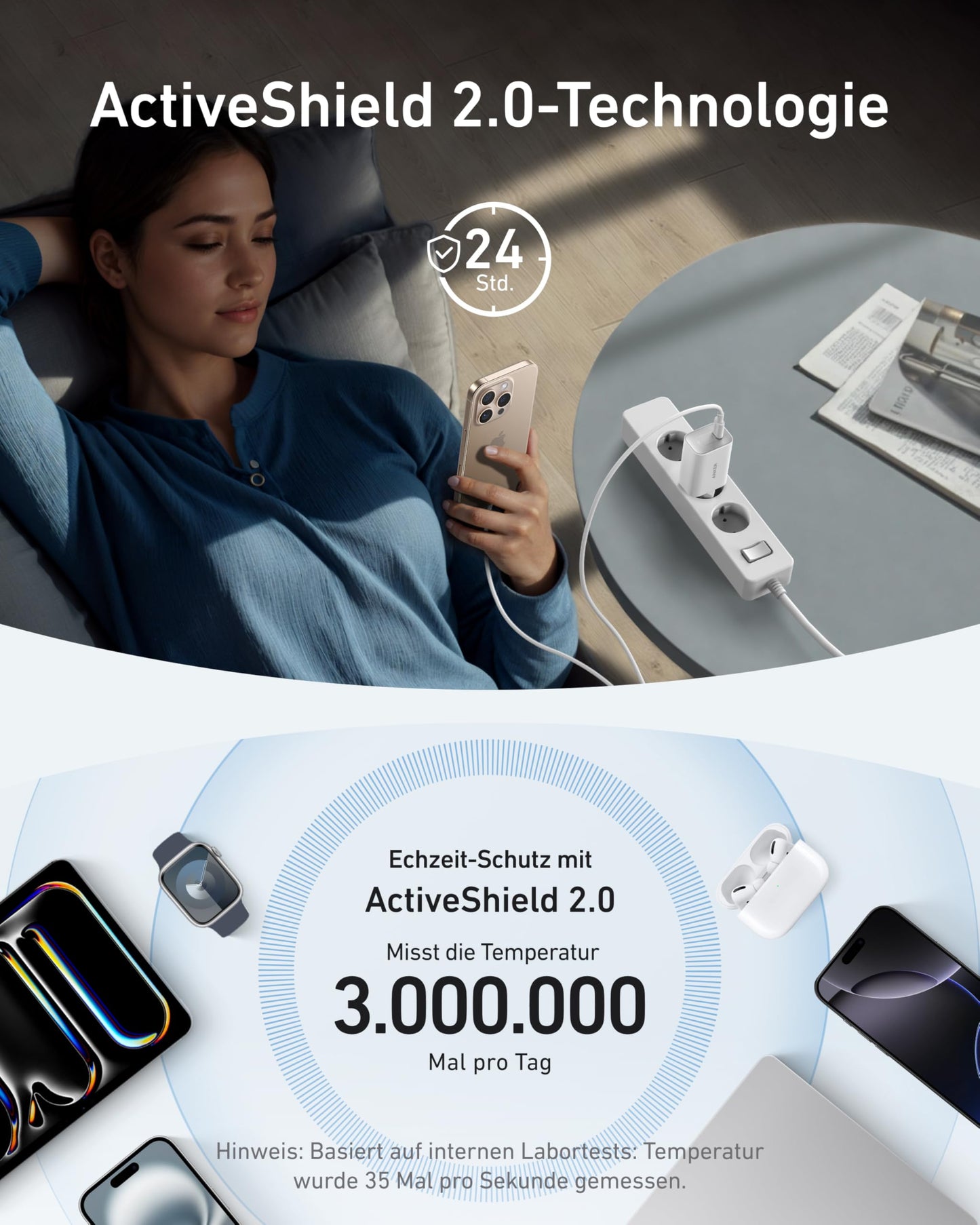 Anchor Nano Charger, 100W MacBook Charger, Power Adapter for MacBook, iPad, iPhone 16, Galaxy, and all USB-C devices, 1.8m USB-C cable included.