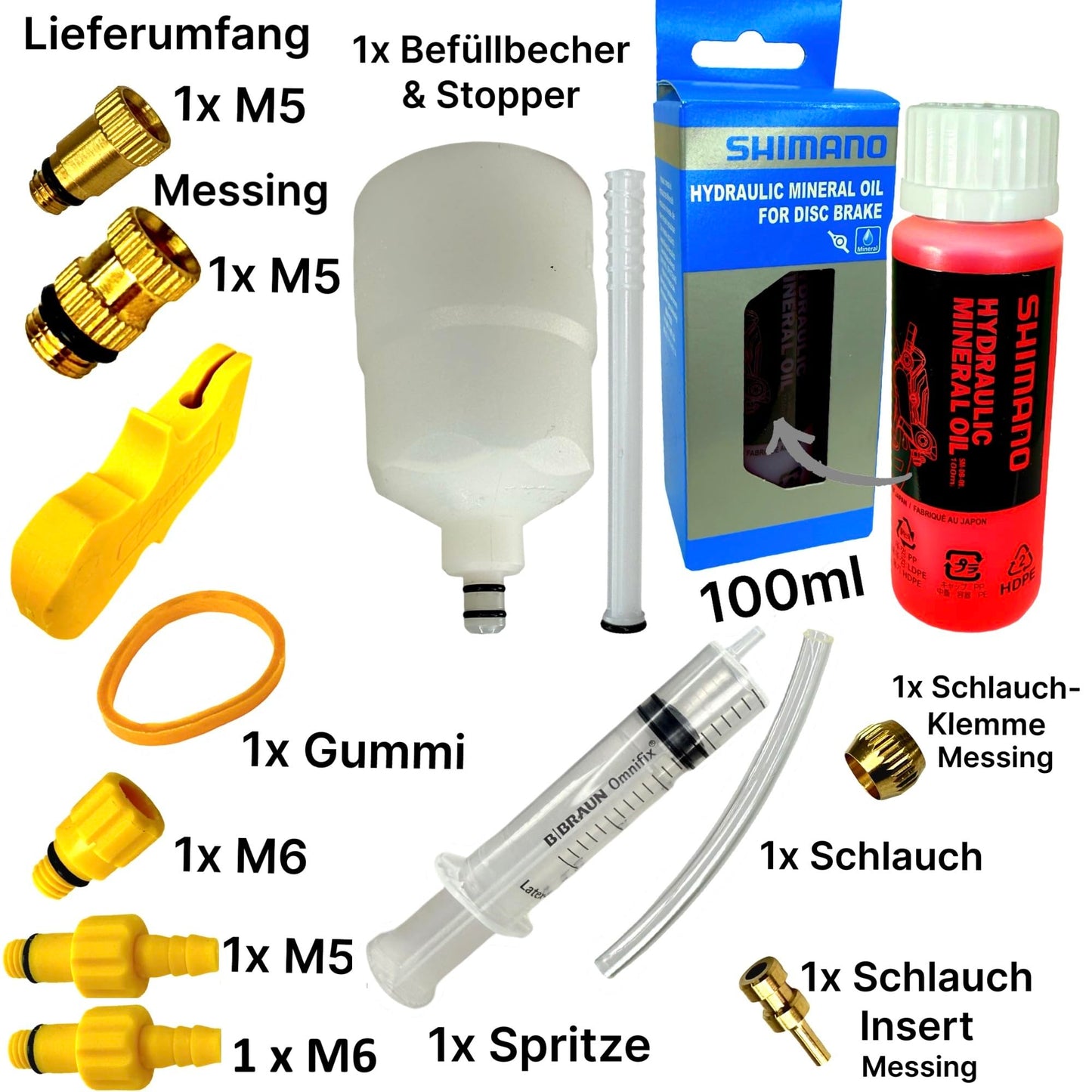 Shimano Hydraulic Mineral Oil 100ml + F26 Disc Brake Maintenance Service Kit for MTB Ebike Tour Road Bike Gravel Disc, including bleeding set, 3in1 bleed block, filling bottle funnel with M5 M7 M6 connection.