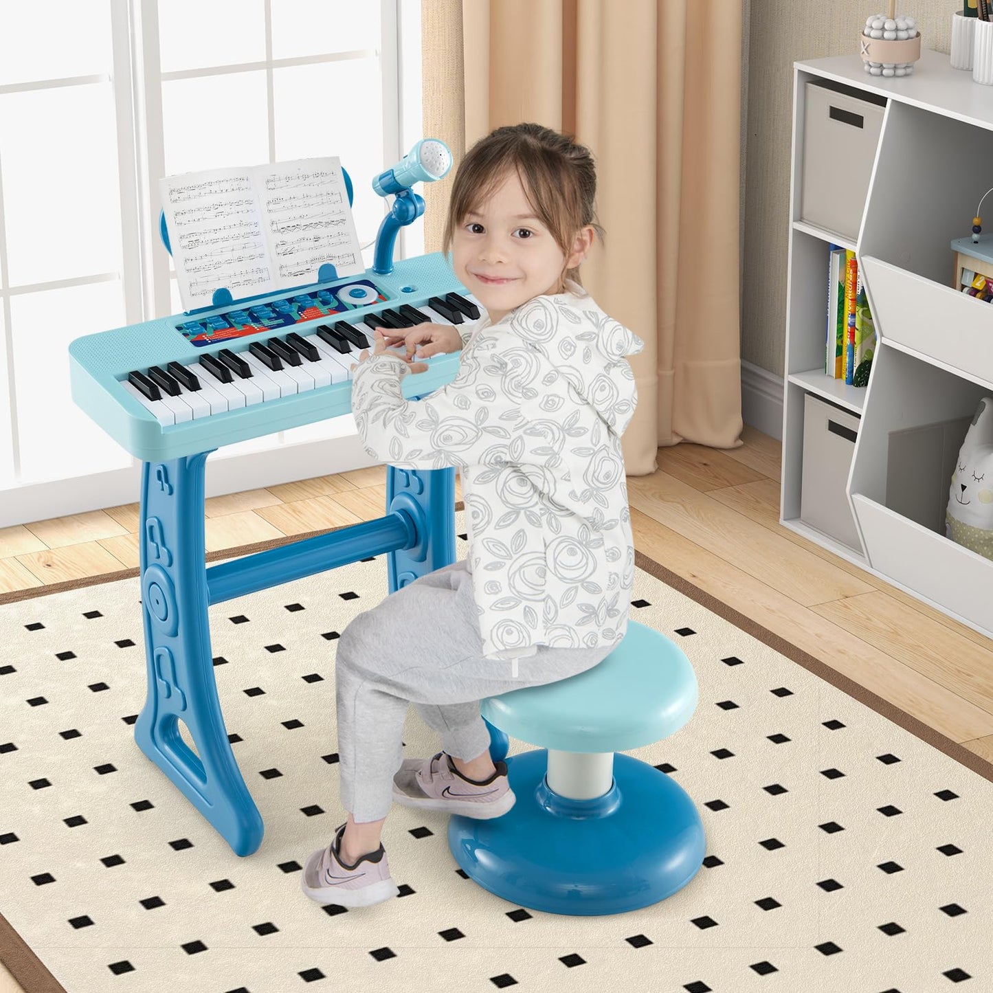 DREAMADE Kids Keyboard, 37 Keys Electronic Piano with Music Stand & Microphone & Stool, Piano Toy for Children aged 3+, Supports up to 50kg (Blue)