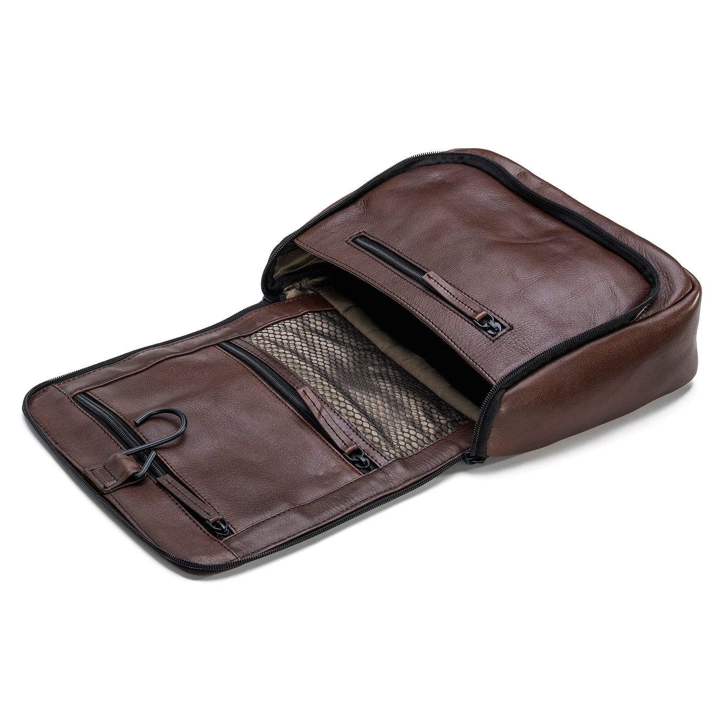 FARMHOOD Memphis Women/Men Leather Toiletry Bag | large cosmetic bag with hook for hanging | many compartments with zipper | Beauty case 27 cm with zipper on the back