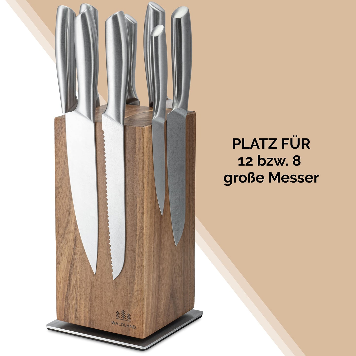 WALDLAND Premium knife block without knives I Magnetic and 360° rotatable knife block made of elegant and sturdy acacia wood I Magnetic knife holder for knives I Wooden block kitchen organizer