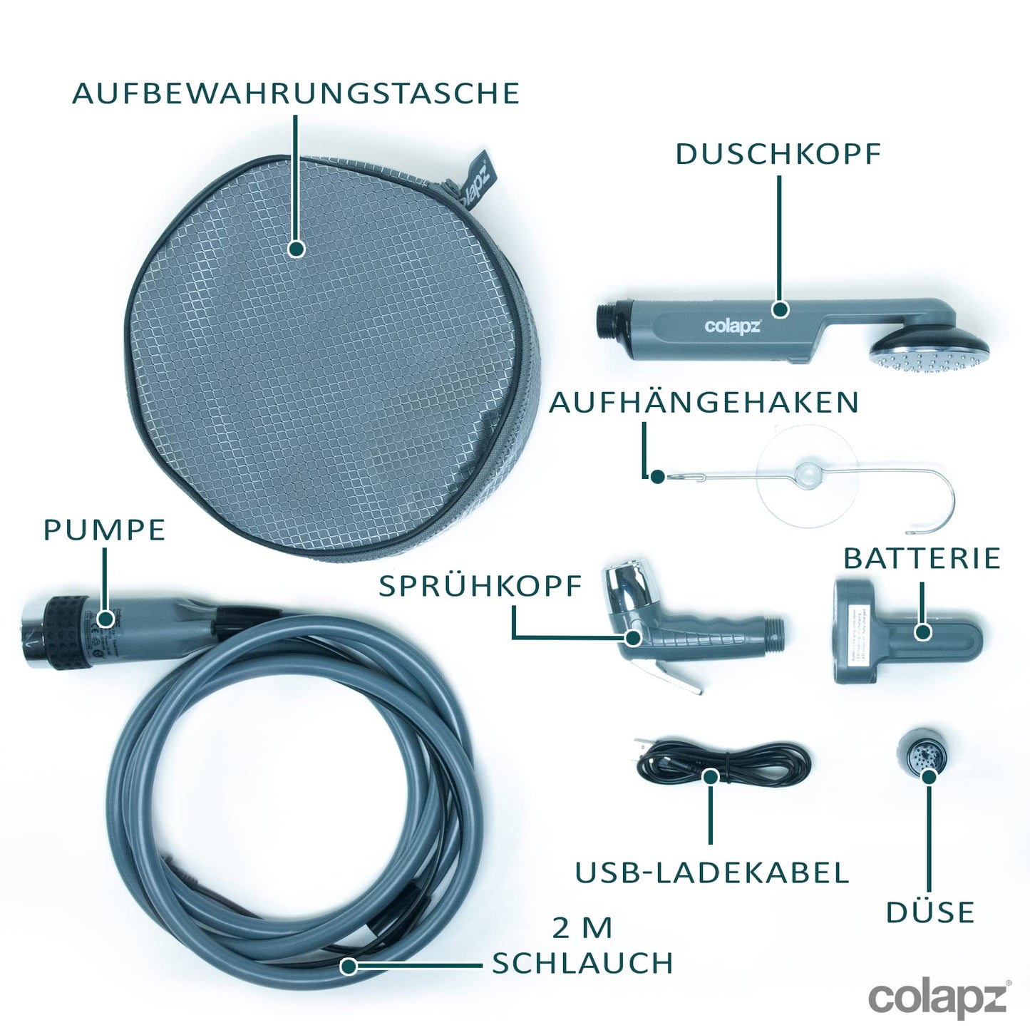 Colapz portable camping shower with battery & pump - rechargeable outdoor shower for camping, caravans, motorhomes, vans, cars & pets - USB charge & carry bag