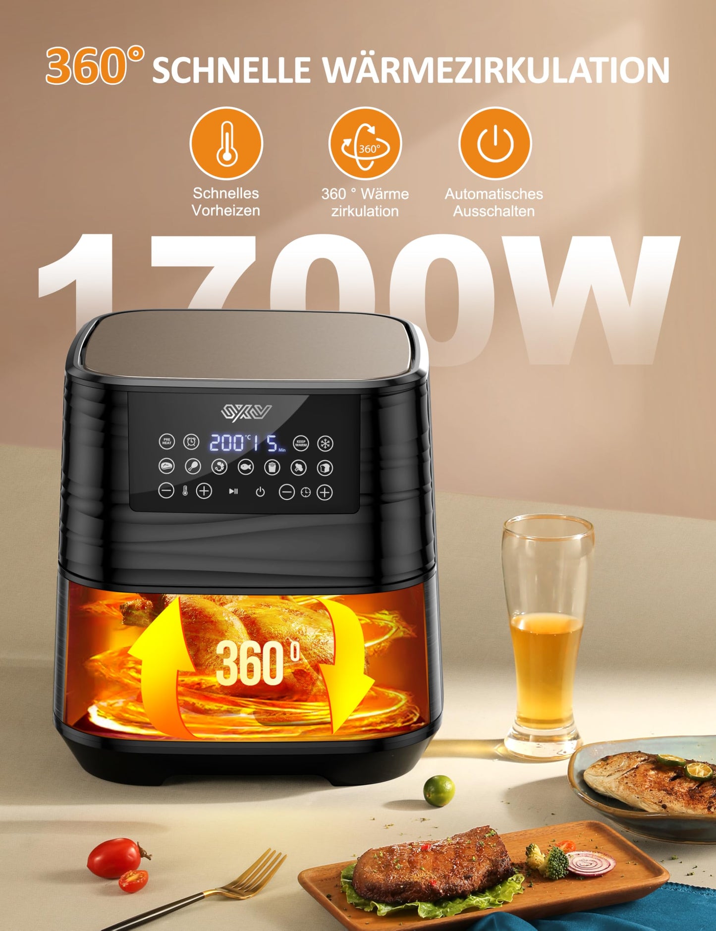 Innsky hot air fryer 5.5L XXL, 1700W hot air fryer with digital LED touchscreen and 7 programs, preheat & keep warm & defrost, air fryer without oil with recipe book in German.