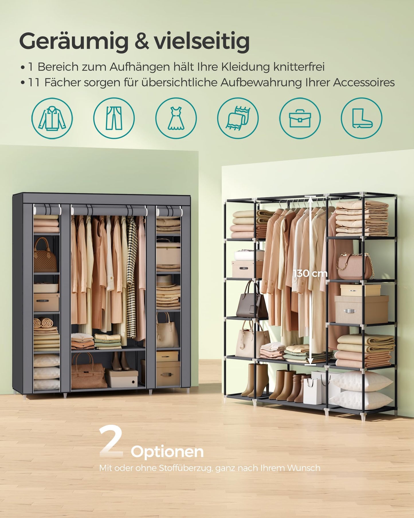 SONGMICS wardrobe, fabric closet with 12 shelves and clothes rail, sturdy cabinet for bedroom, dressing room, 150 x 45 x 175 cm, grey LSF03G