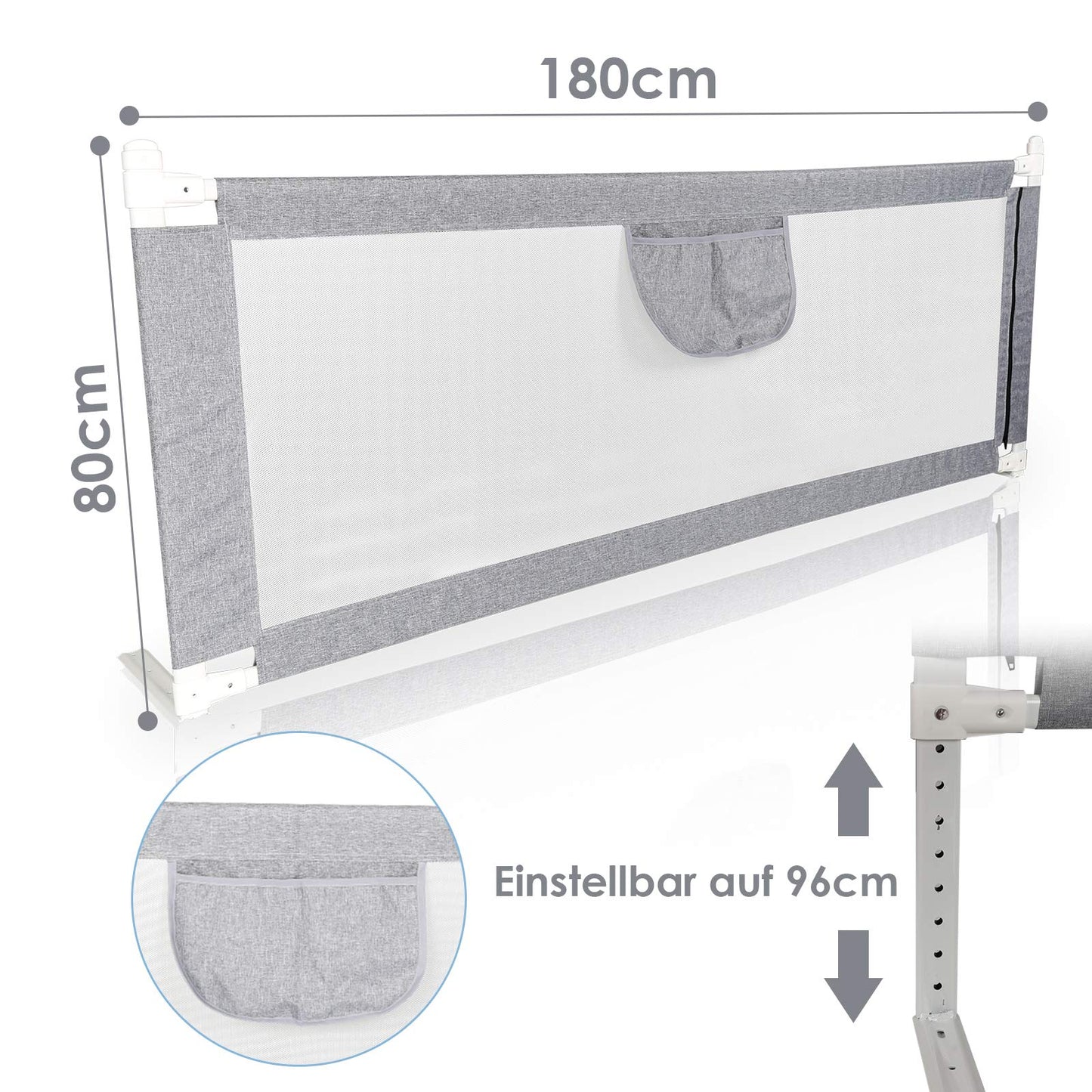 A 180 * 80 cm bed rail guard bed safety rail crib rail for children baby bed rail adjustable height foldable suitable for children's beds, parent beds anti-fall for baby children - Gray