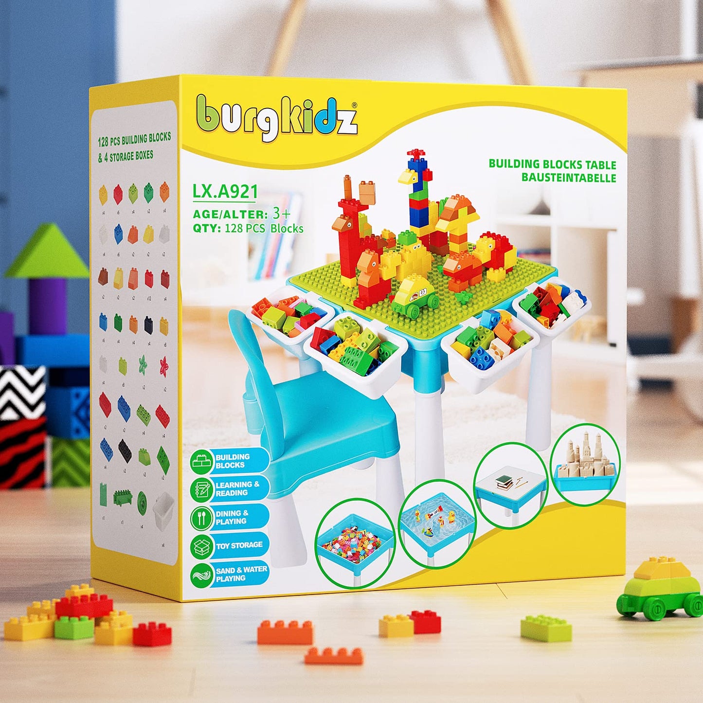 Burgkidz 5-in-1 Children's Activity Table Set - 128 Pieces Compatible with Building Blocks Toys, Play Table Includes 1 Chair and Building Block Table with Storage, Green Base Plate/Blue Color