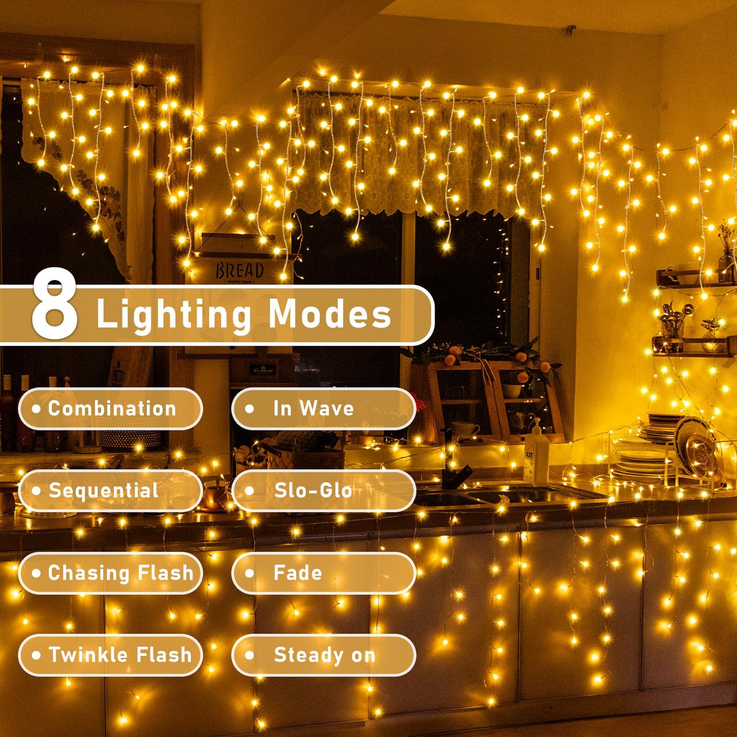 Auriostar Icicle Light String Outdoor, 7.5M 306 LED Warm White Outdoor String Light with Timer 8 Modes, IP44 Waterproof Outdoor Christmas Lighting for Balcony Window House Outdoor Christmas Decorations
