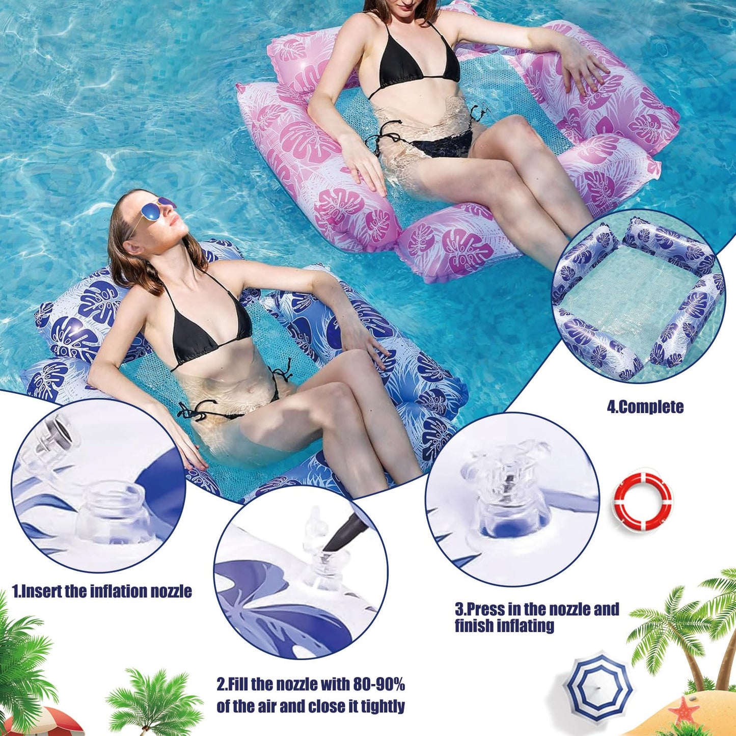 Funnity 2-piece pool inflatable with mesh (122x122 cm), water inflatable with pattern, water hammock for adults and kids, swim float for pool party summer water fun.
