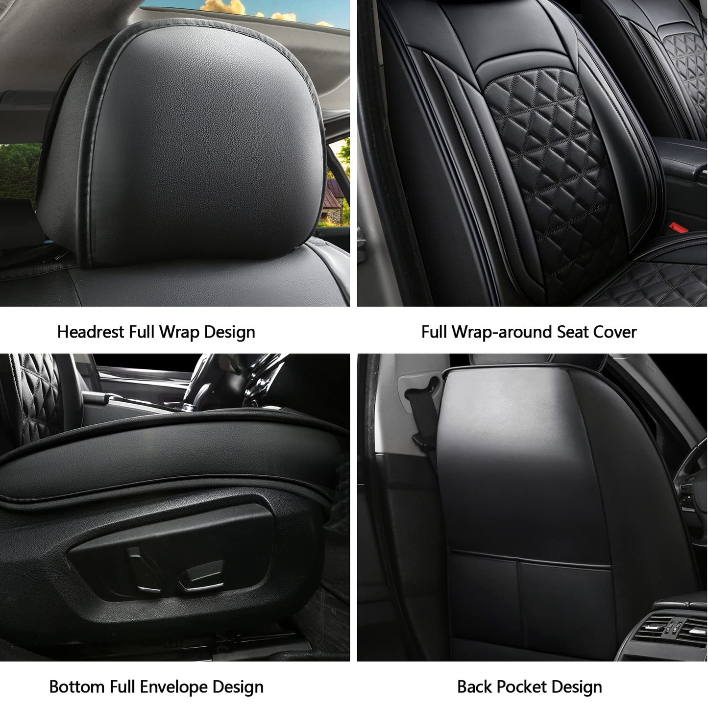 JDWBT Luxury Car Seat Cover Front Seats, Universal Leather Front Seat Covers for Cars, Black Car Seat Cover for Front Seats, Black Car Seat Protector (2 Pack)