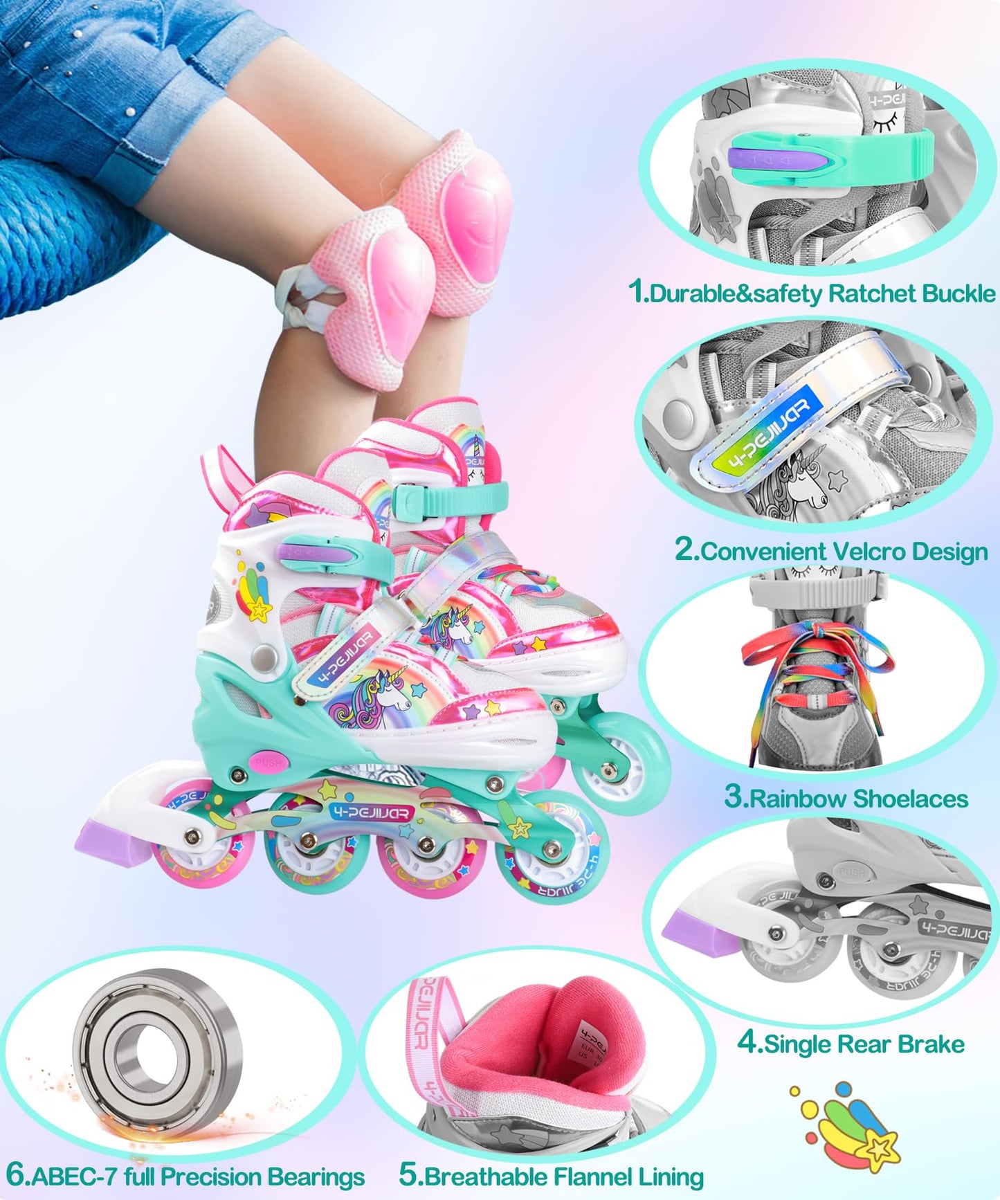 Unicorn inline skates for girls, adjustable sizes with all glowing wheels. Rainbow inline skates for beginner teenagers. Perfect for Christmas and birthday gifts.