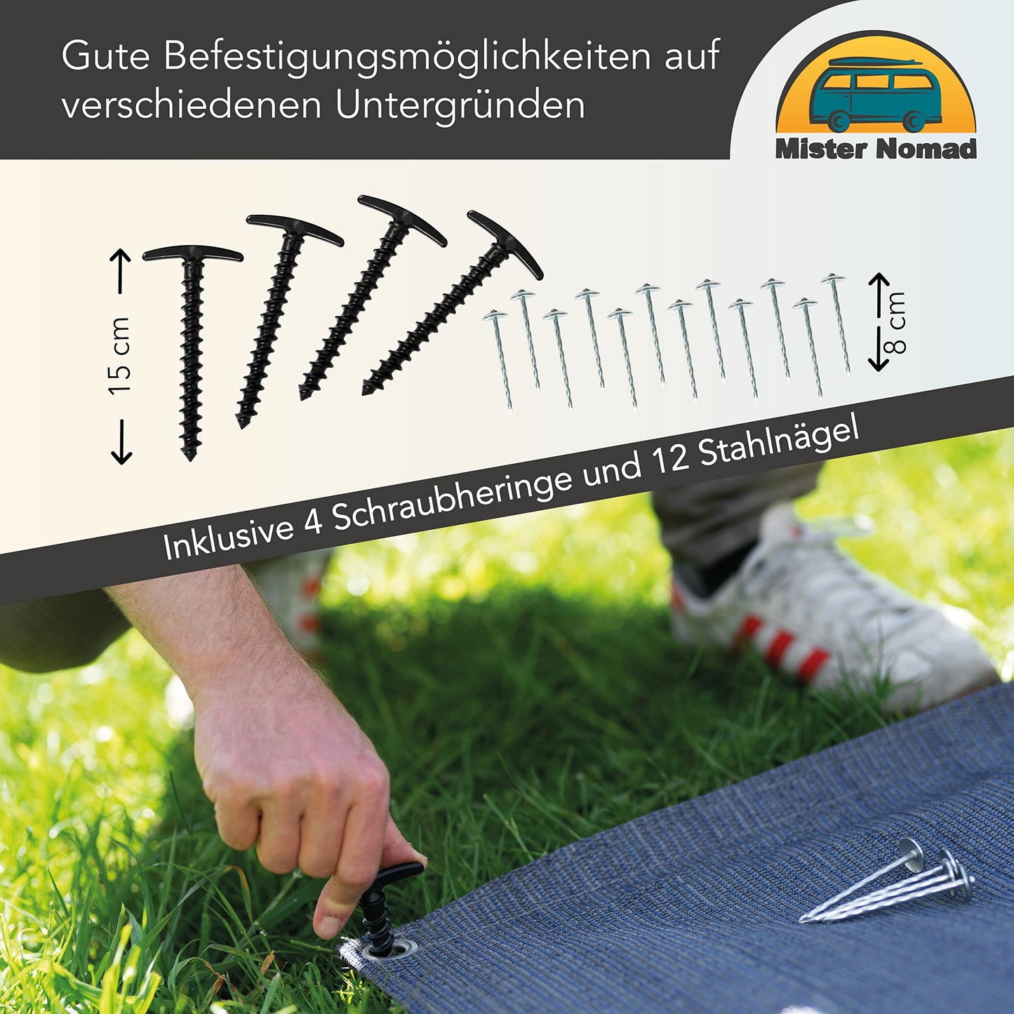 Mr. Nomad awning carpet 2x2.5m - High-quality, UV-resistant camping carpet made of HDPE (300 g/m²) - Perfect awning floor for caravans & motorhomes - includes carrying bag & accessories