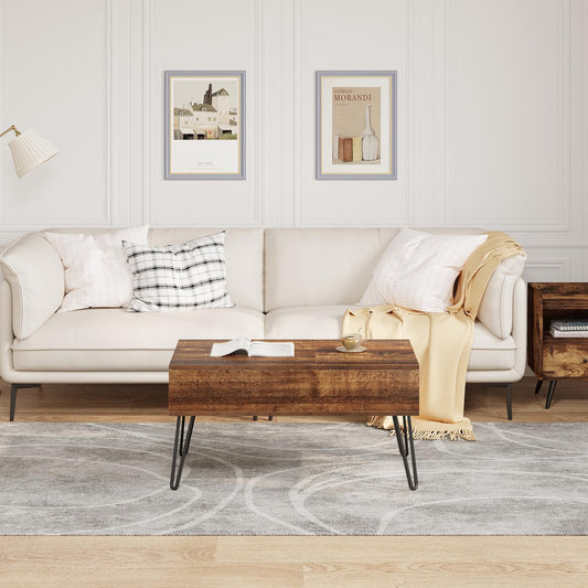 WOLTU coffee table, height-adjustable living room table, extending, retractable coffee table, separate hidden storage compartment, double lifting plate, vintage brown sofa table, wood composite, metal.